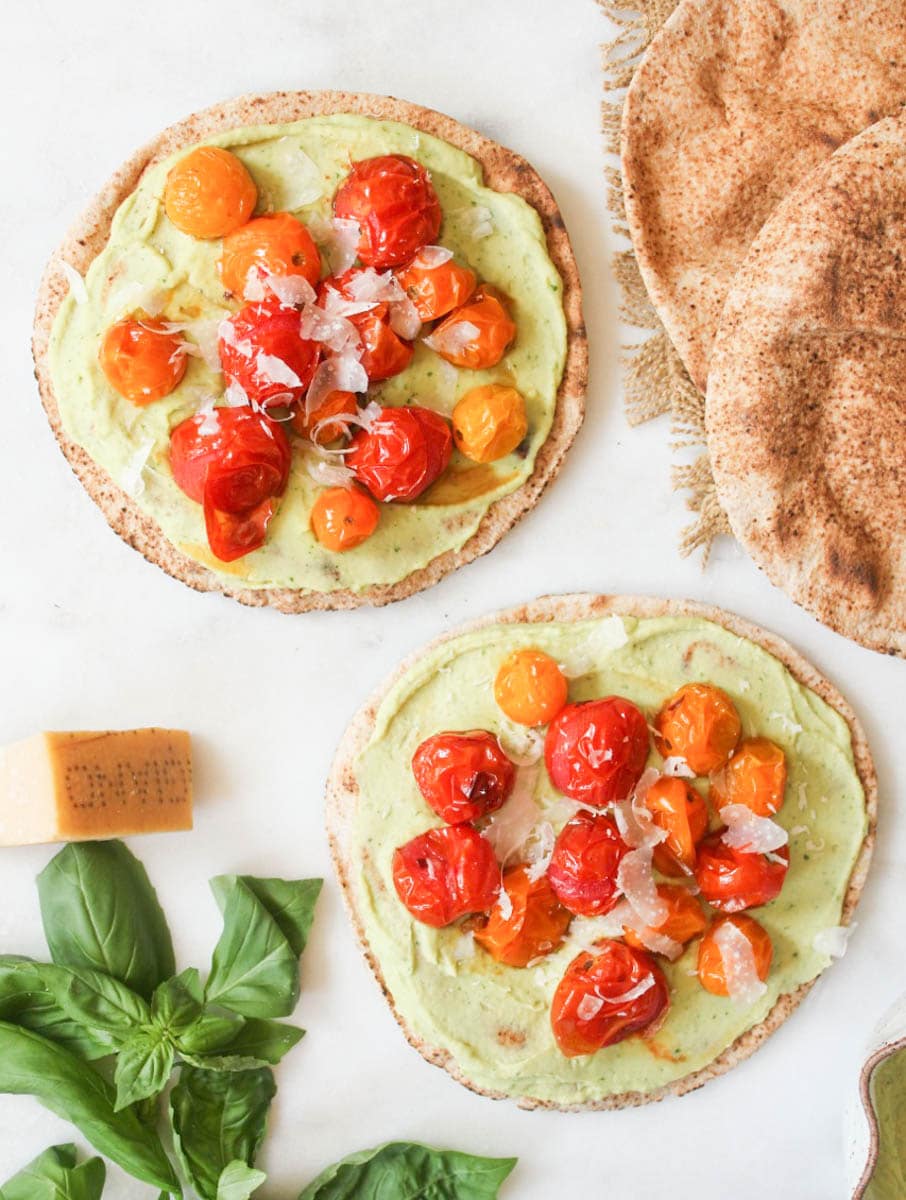 Grilled-Pitas-with-White-Bean-Basil-Spread-and-Roasted-Cherry-Tomatoes-1