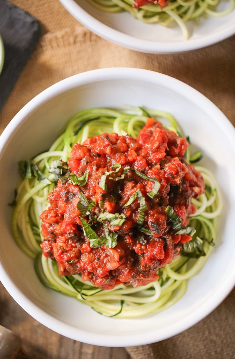 Zucchini Noodles with Portobello Bolognese plated close up