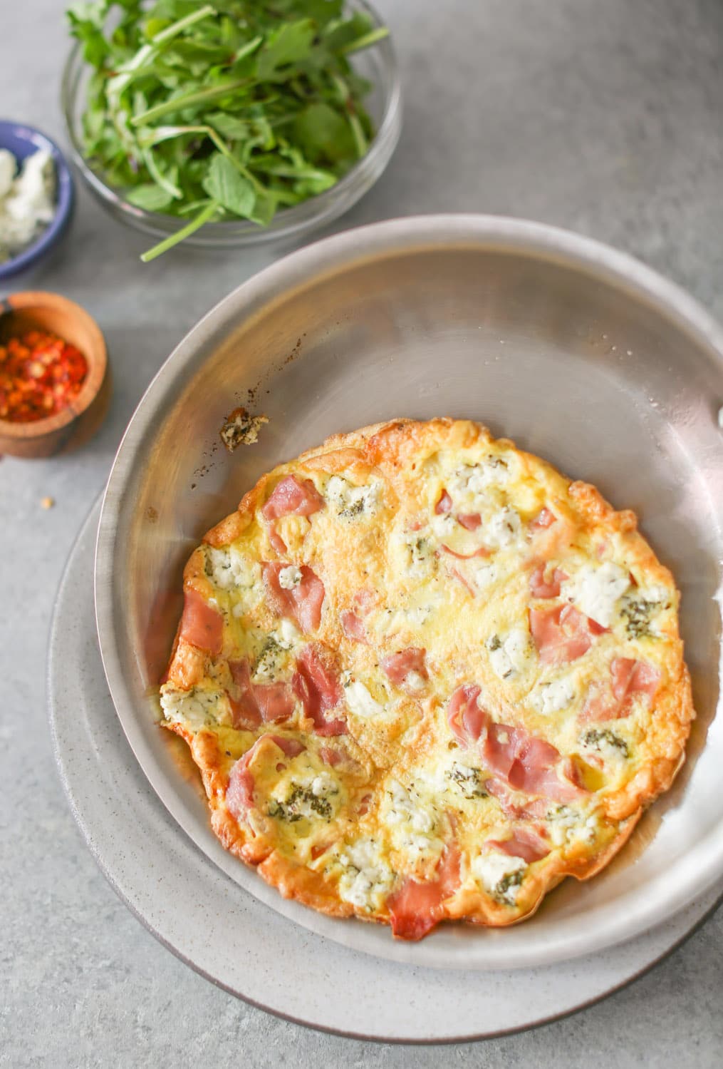 Personal Frittata with Prosciutto, Goat Cheese, and Arugula