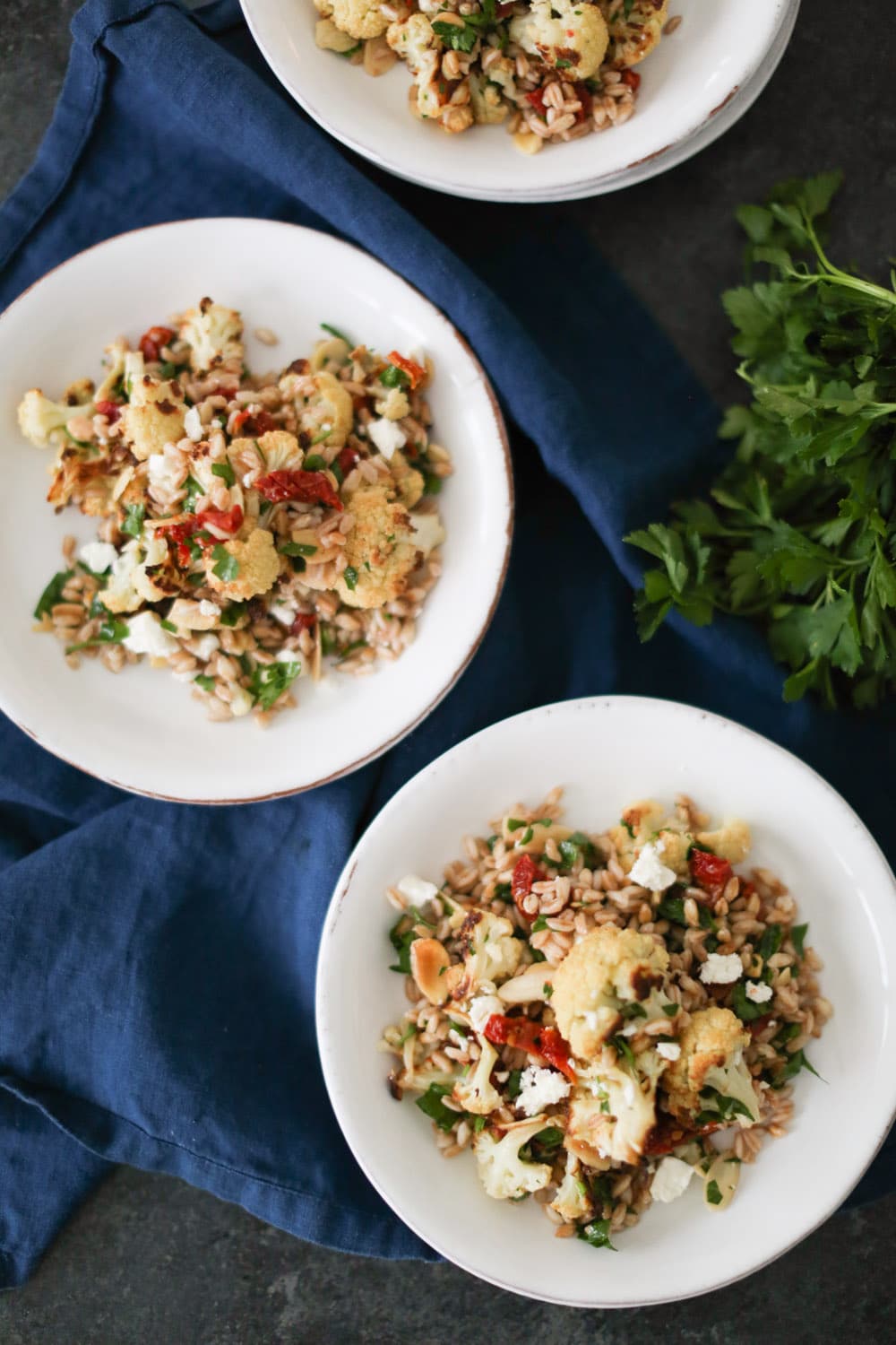 Roasted Cauliflower and Farro Salad with Sun-Dried Tomatoes
