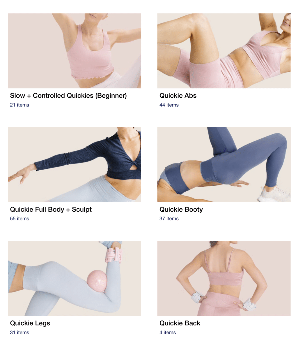 Picture of workout categories on The Sculpt Society App.